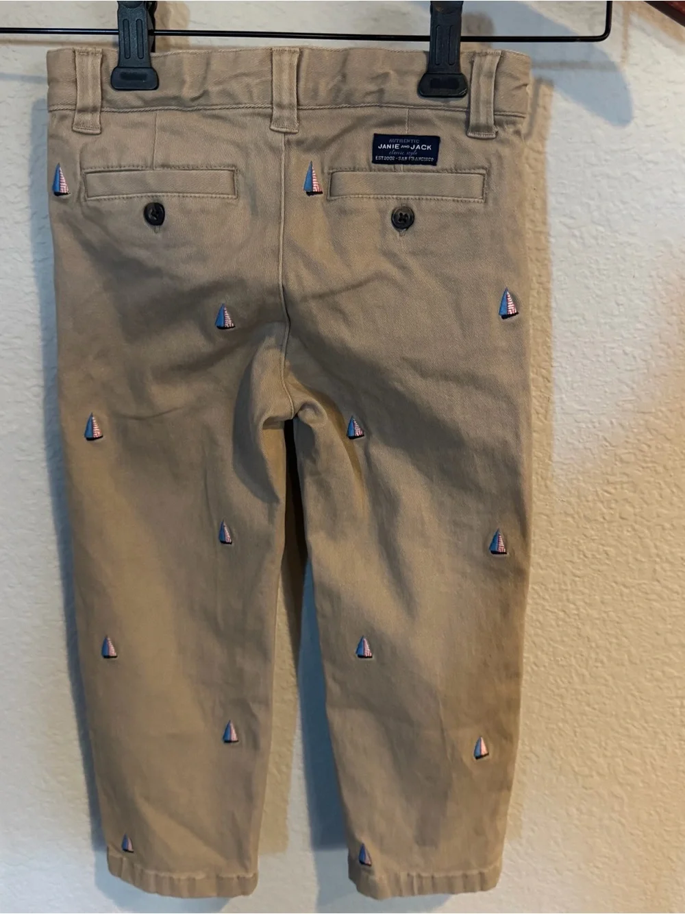 Janie and Jack Khaki Pants with Navy Sailboat Embroidery Size 3